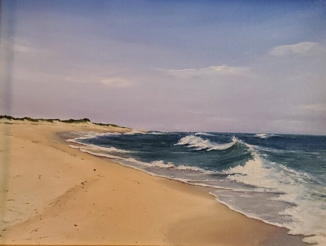 A painting of a beach with waves and sand.