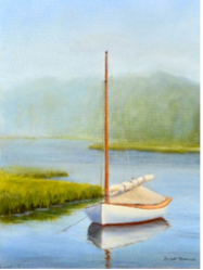 A painting of a sailboat on the water.