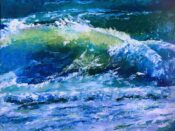A painting of a blue and green ocean wave by The Guild of Harwich Artists.