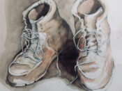 A watercolor drawing of a pair of boots created by The Guild of Harwich Artists.