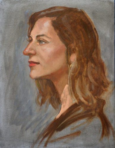 Oil painting of woman with long hair.